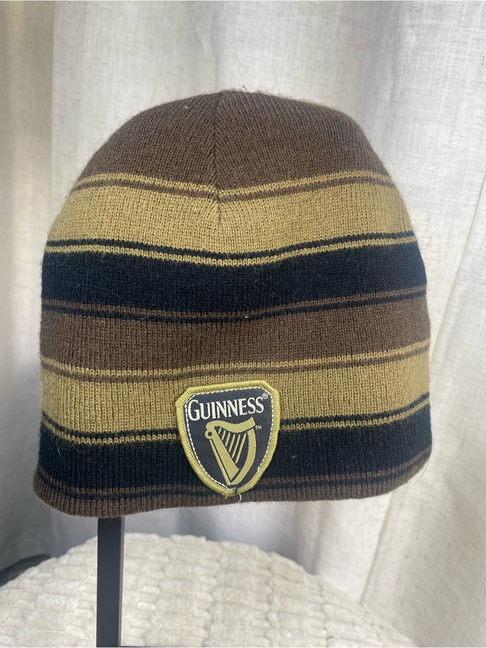 Guinness Beer Reversible Beanie Hat 2-in-1 Striped Argyle Knit Cap Brown Green
